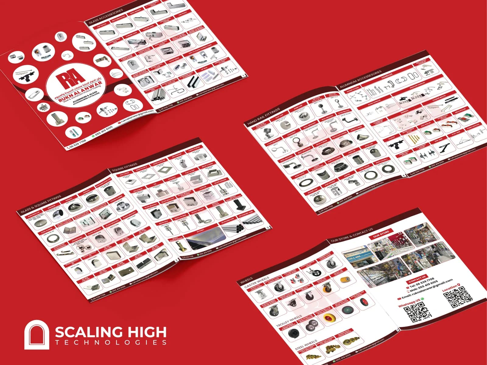 Product catalog cover for an aluminium and glass furniture fittings supplier, with a red hexagonal grid of hardware product photos around the logo.
