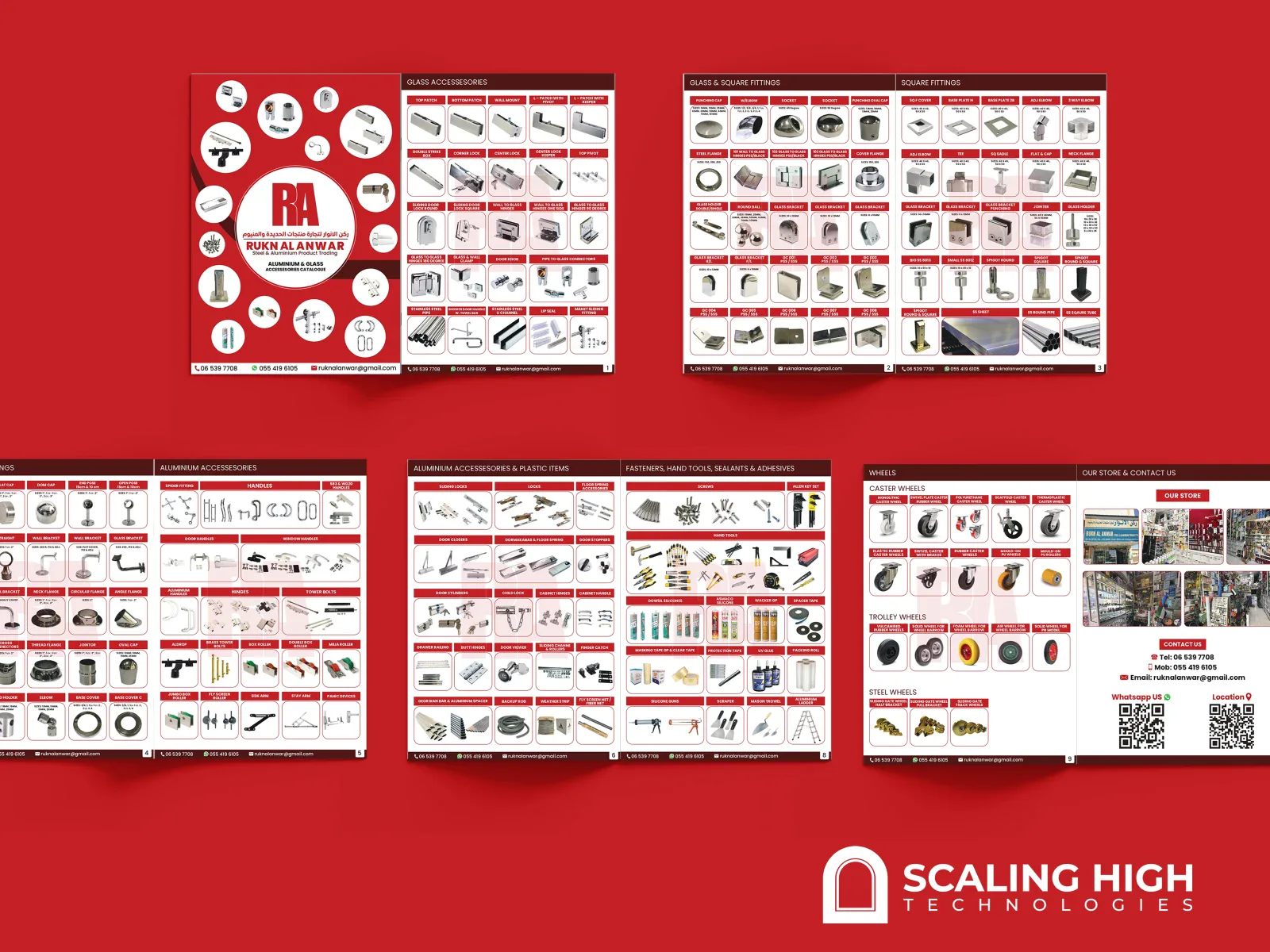Catalog spread showing plastic items and fasteners next to a caster wheels page, closing with a store photo and contact information.