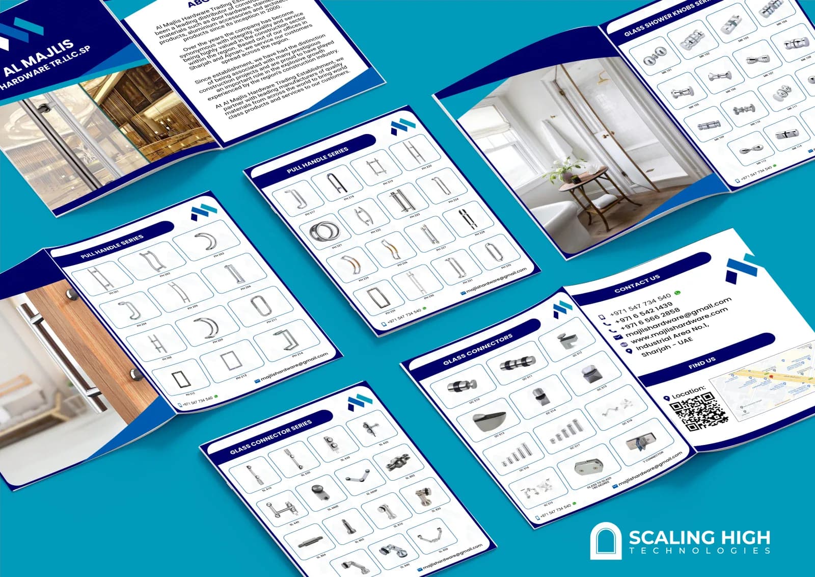Product catalog cover and about page for an architectural glass hardware and door fittings supplier trading since 2000.