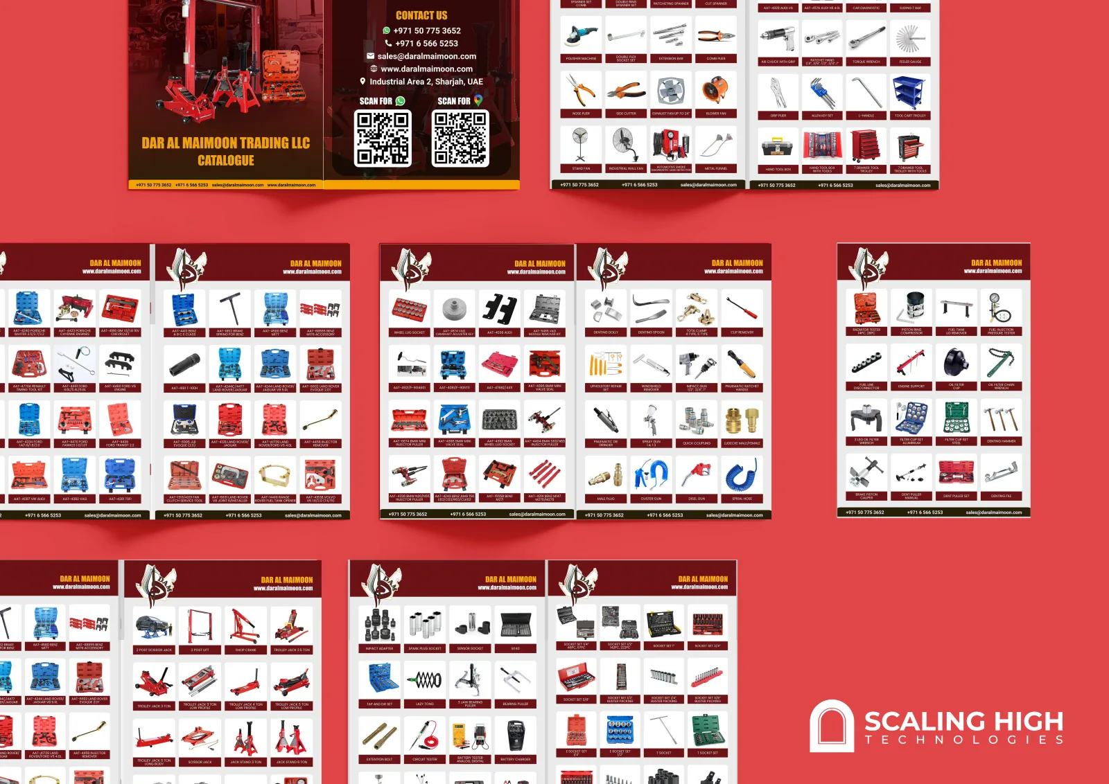 Catalog spread showing vehicle jacks, lifts and workshop equipment.