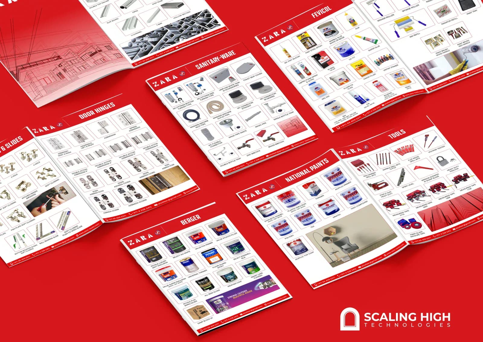 Product catalog cover for a building hardware and furniture fittings retailer, with an architectural line drawing motif alongside aluminium profile products.