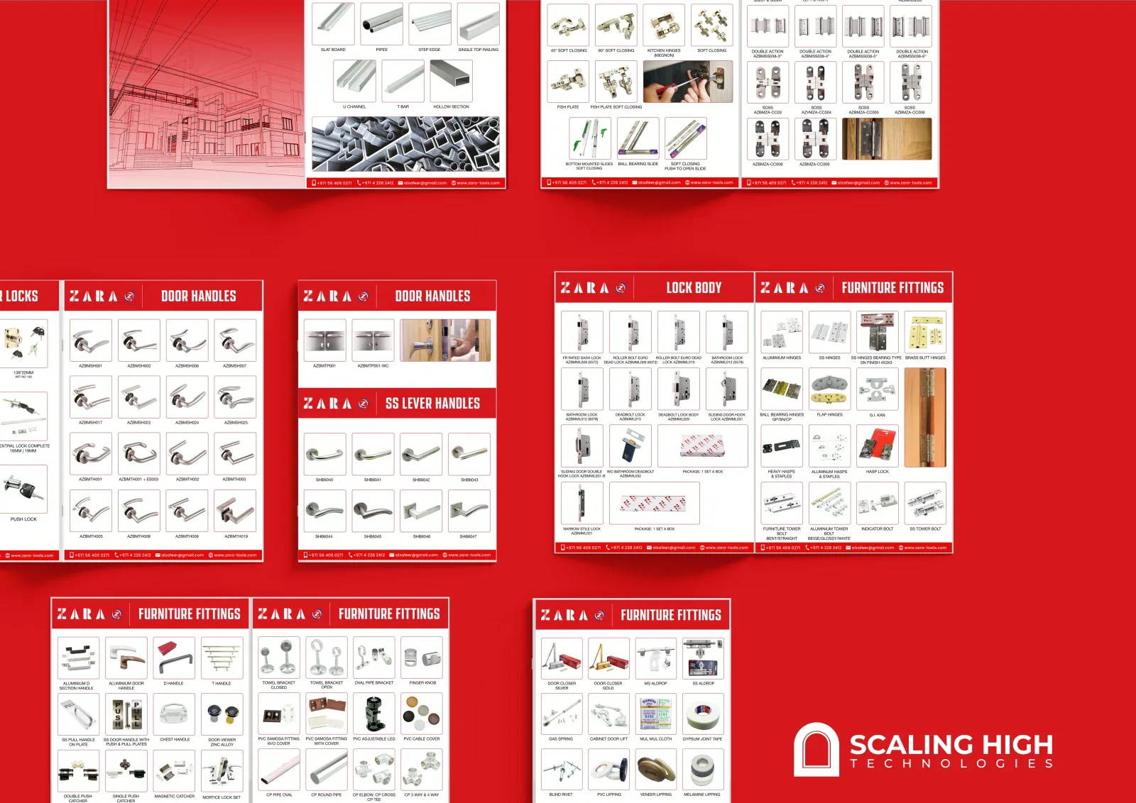 Catalog spread showing door hinges, handles and furniture fittings in a labeled product grid.