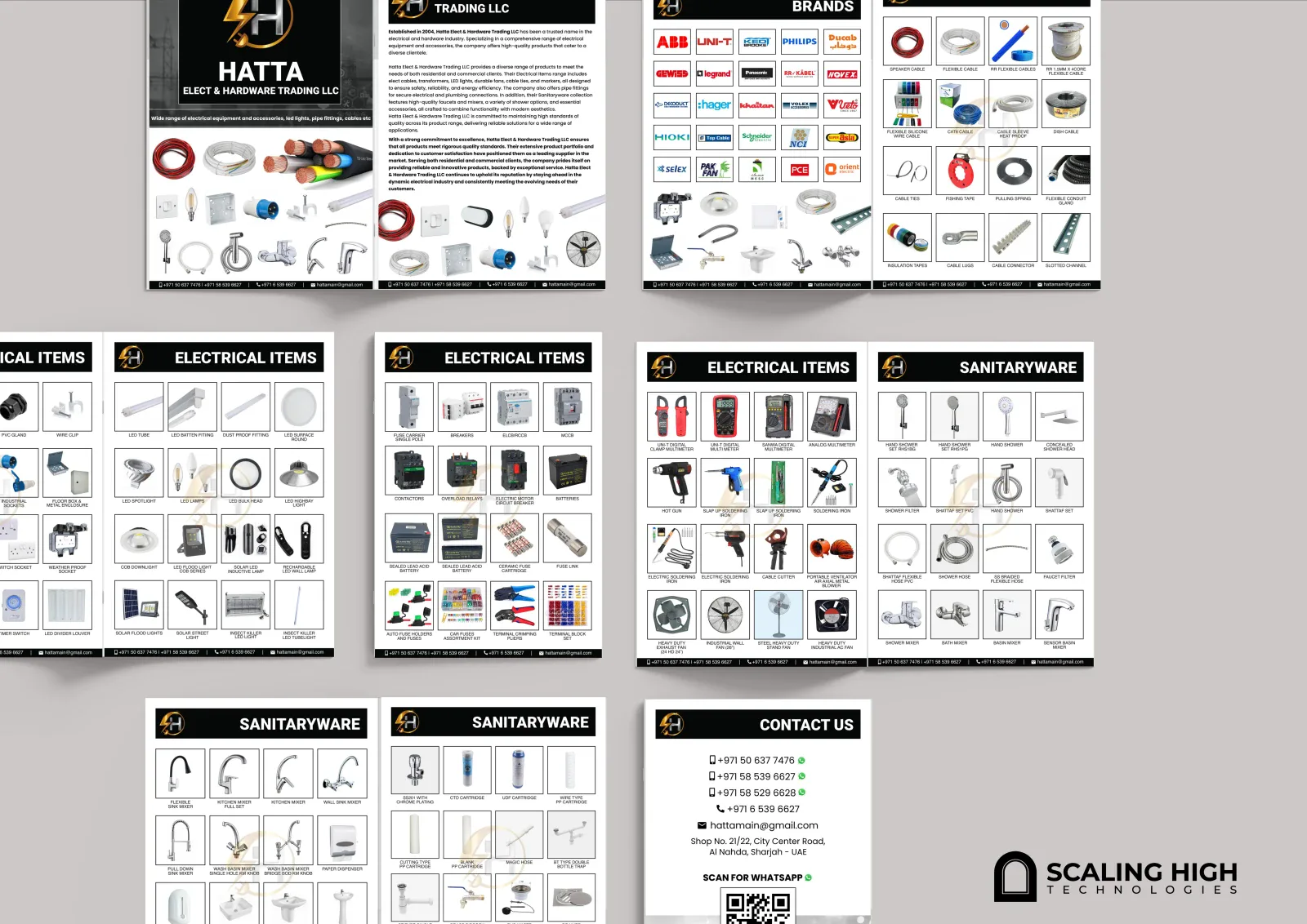 Catalog spread showing electrical cables, LED lighting, switches and circuit breakers in a labeled product grid.