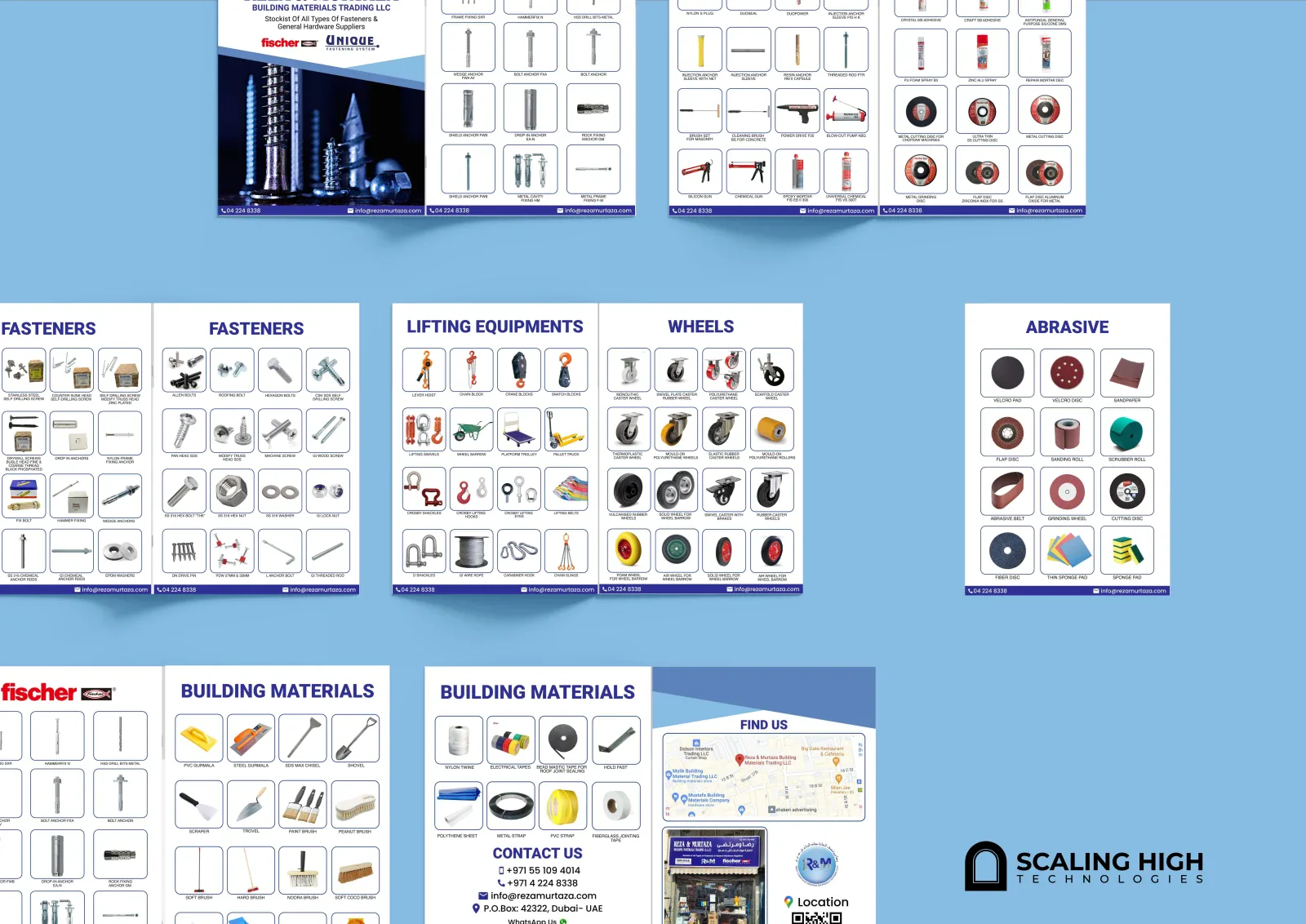 Catalog spread showing wheels and abrasive products next to a building materials and contact information page with a store location map.