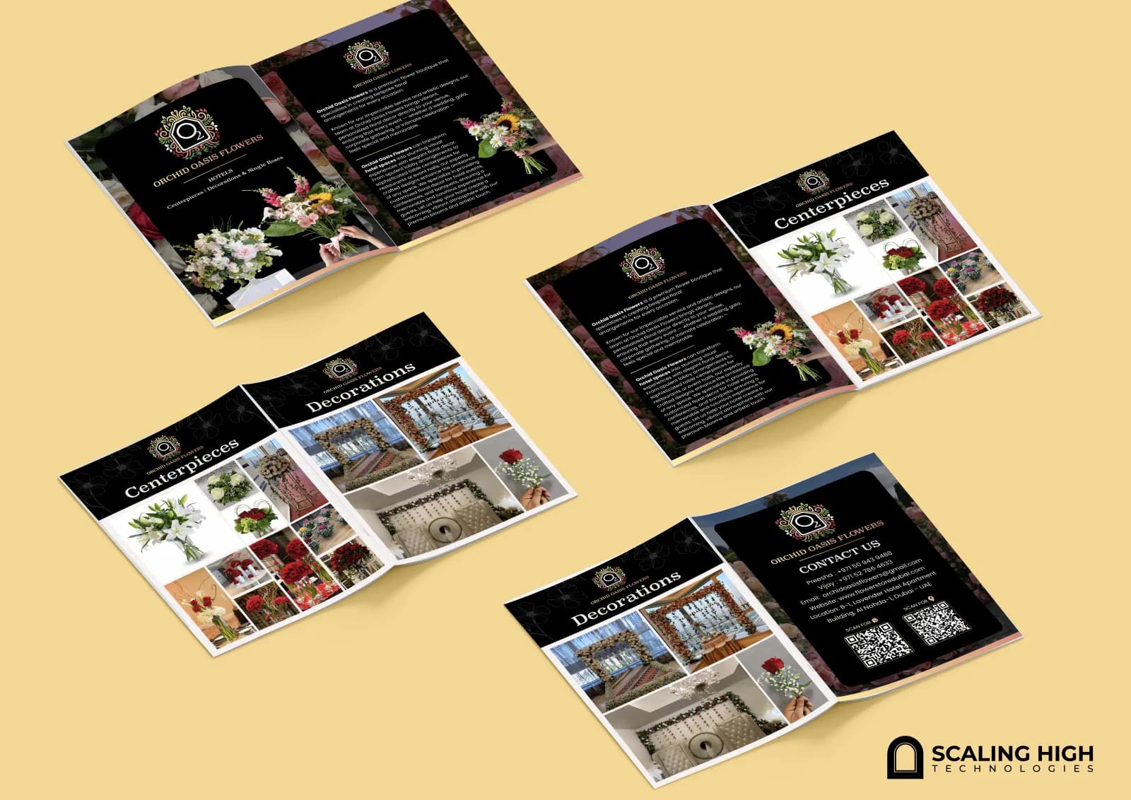 Product catalog cover and about page for a premium floral design boutique, showing a hand arranging a bouquet against a dark floral-patterned background.