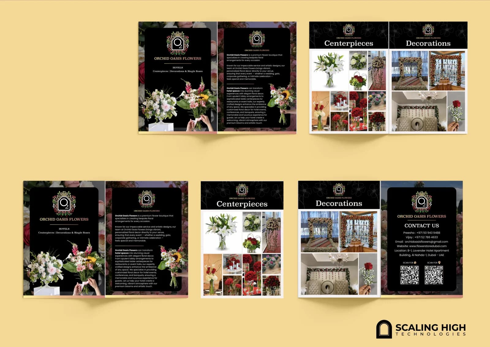 Catalog spread showing event decoration photography (floral backdrops, bed decor) next to a contact page with QR codes.