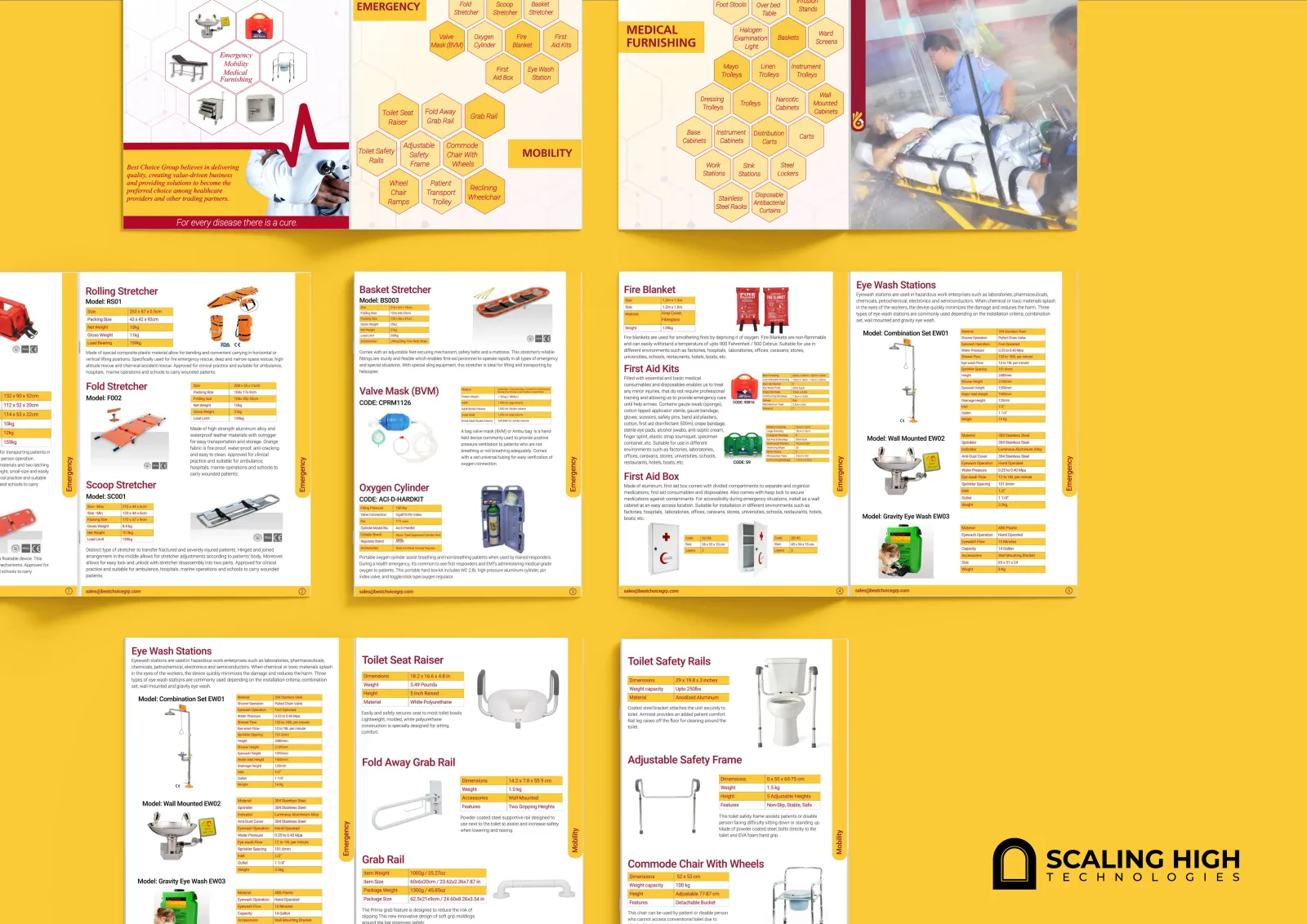 Catalog spread showing medical equipment products with detailed specification text and imagery.