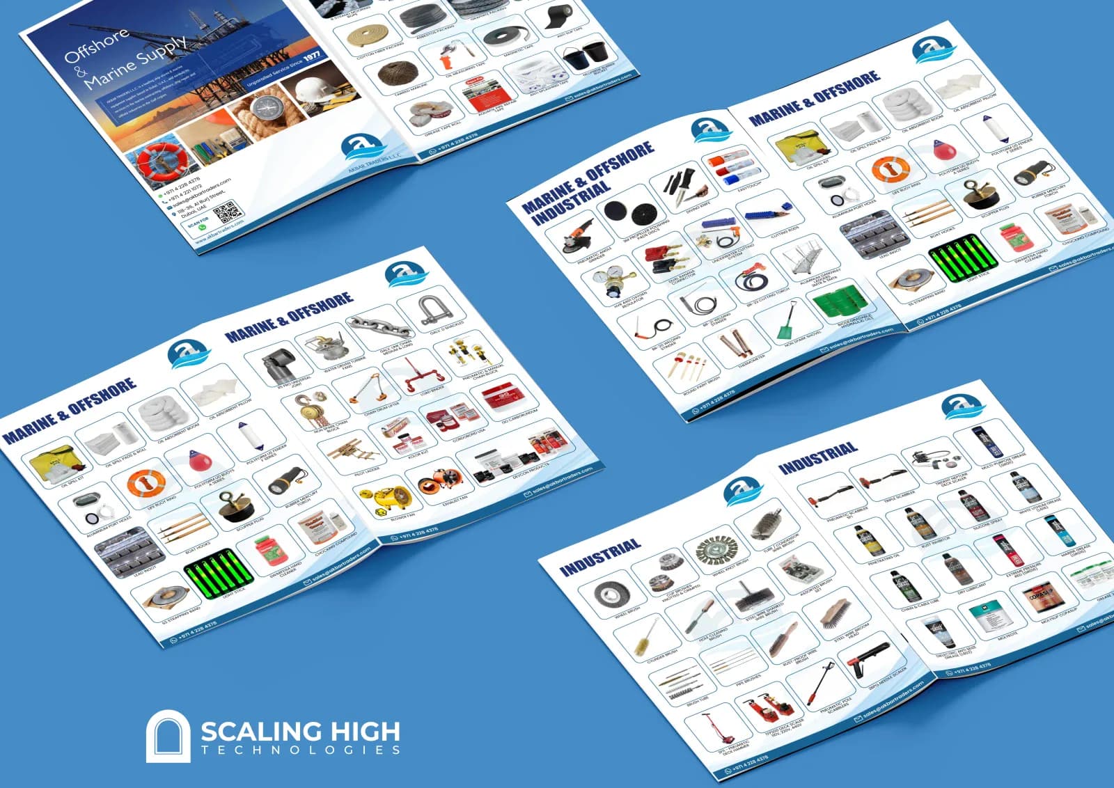 Product catalog cover and about page for a marine and offshore ship stores supplier, with a maritime rope and vessel image.