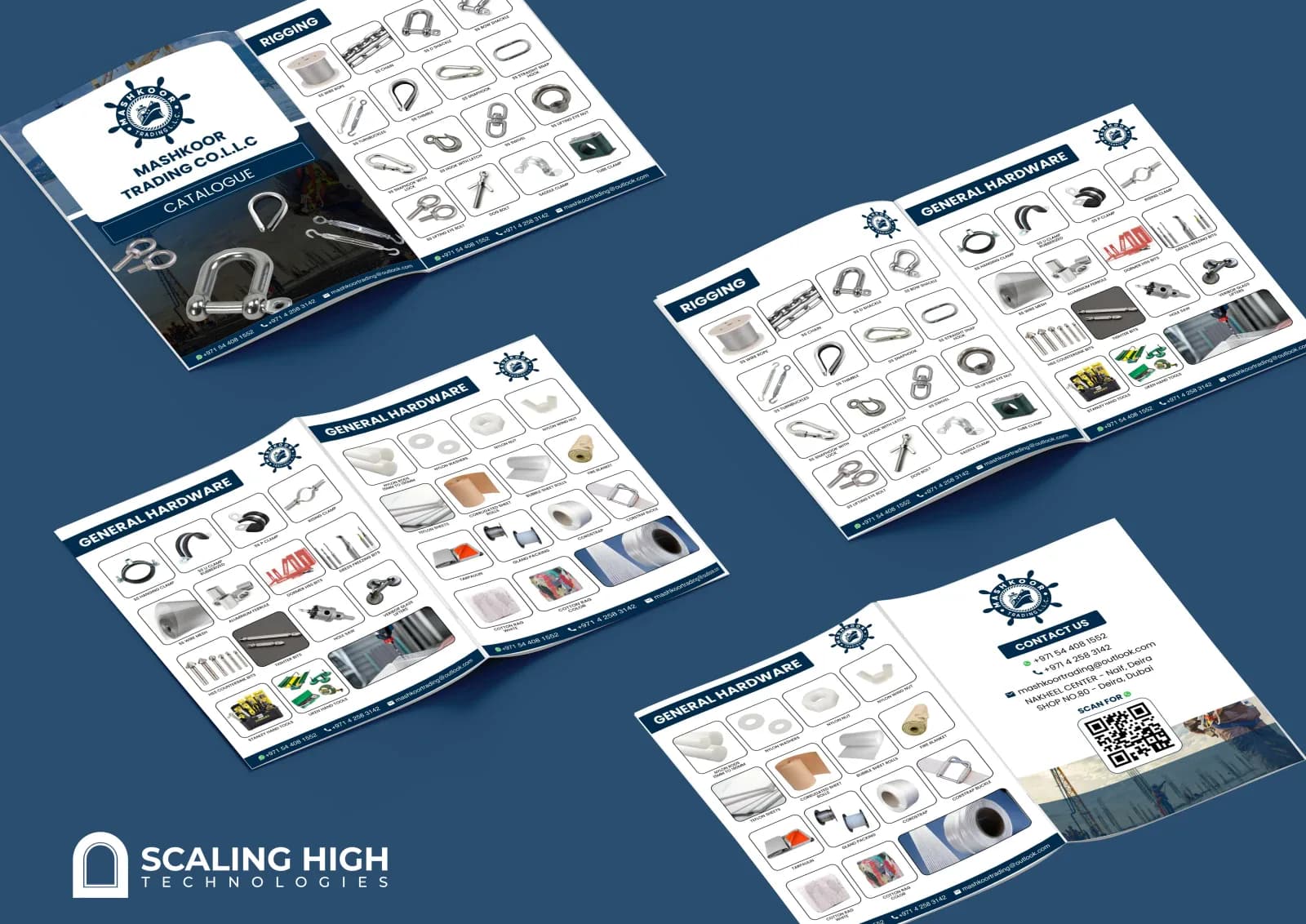 Product catalog cover for a marine rigging and general industrial hardware supplier, showing stainless steel shackles and turnbuckles against a port backdrop.