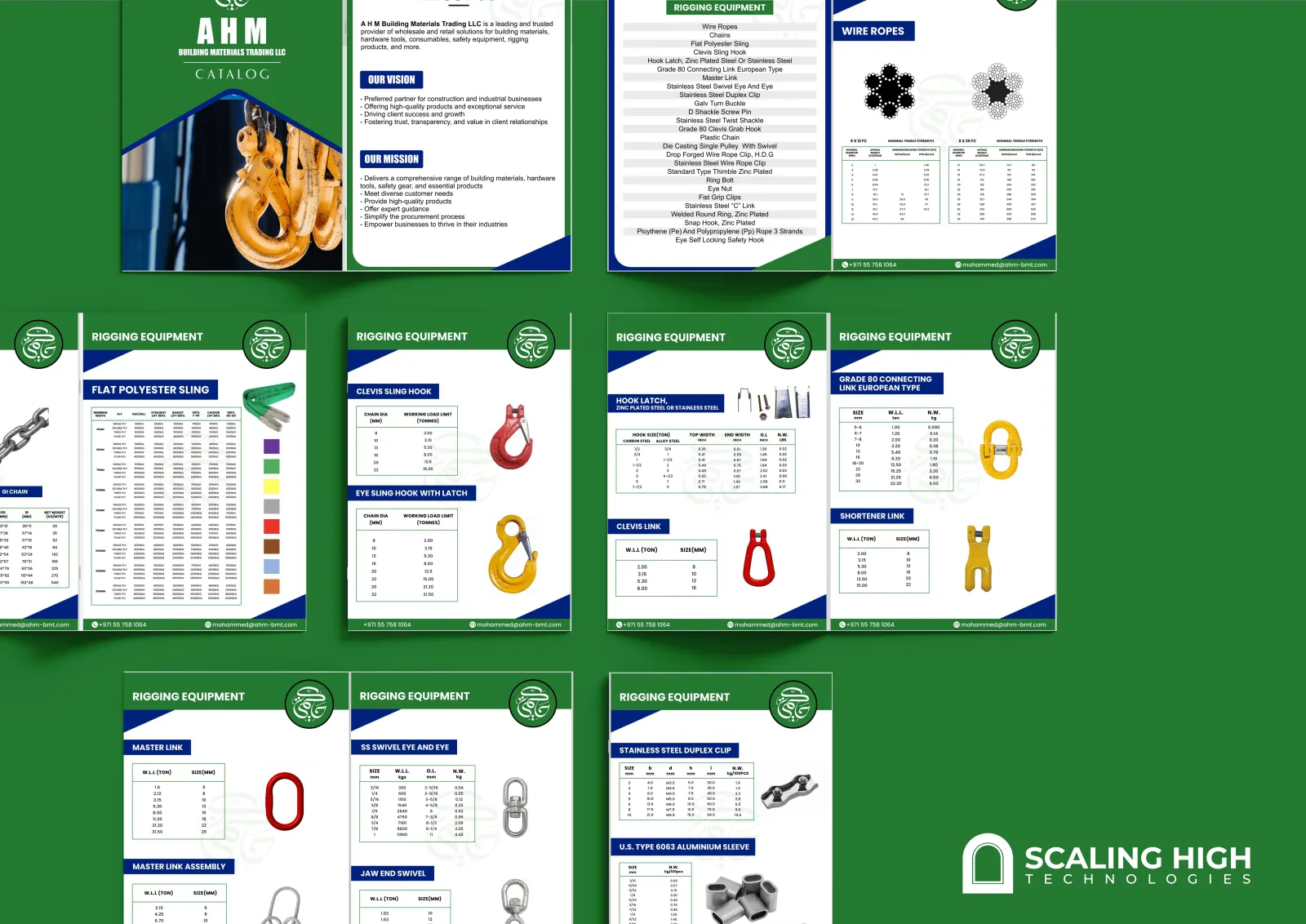 Catalog spread showing deck and engine store items (scupper plugs, pumps, deck scalers) alongside an epoxies and rigging hardware page with shackles, hooks and wire rope.