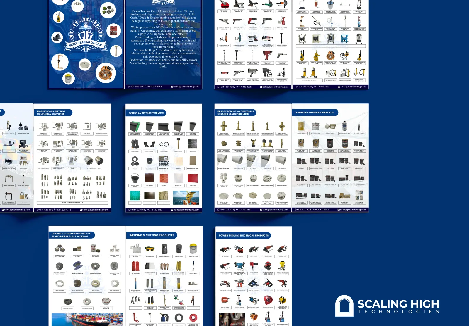 Catalog spread showing pneumatic and hydraulic tools next to a page of marine locks, fittings and coupling hardware.