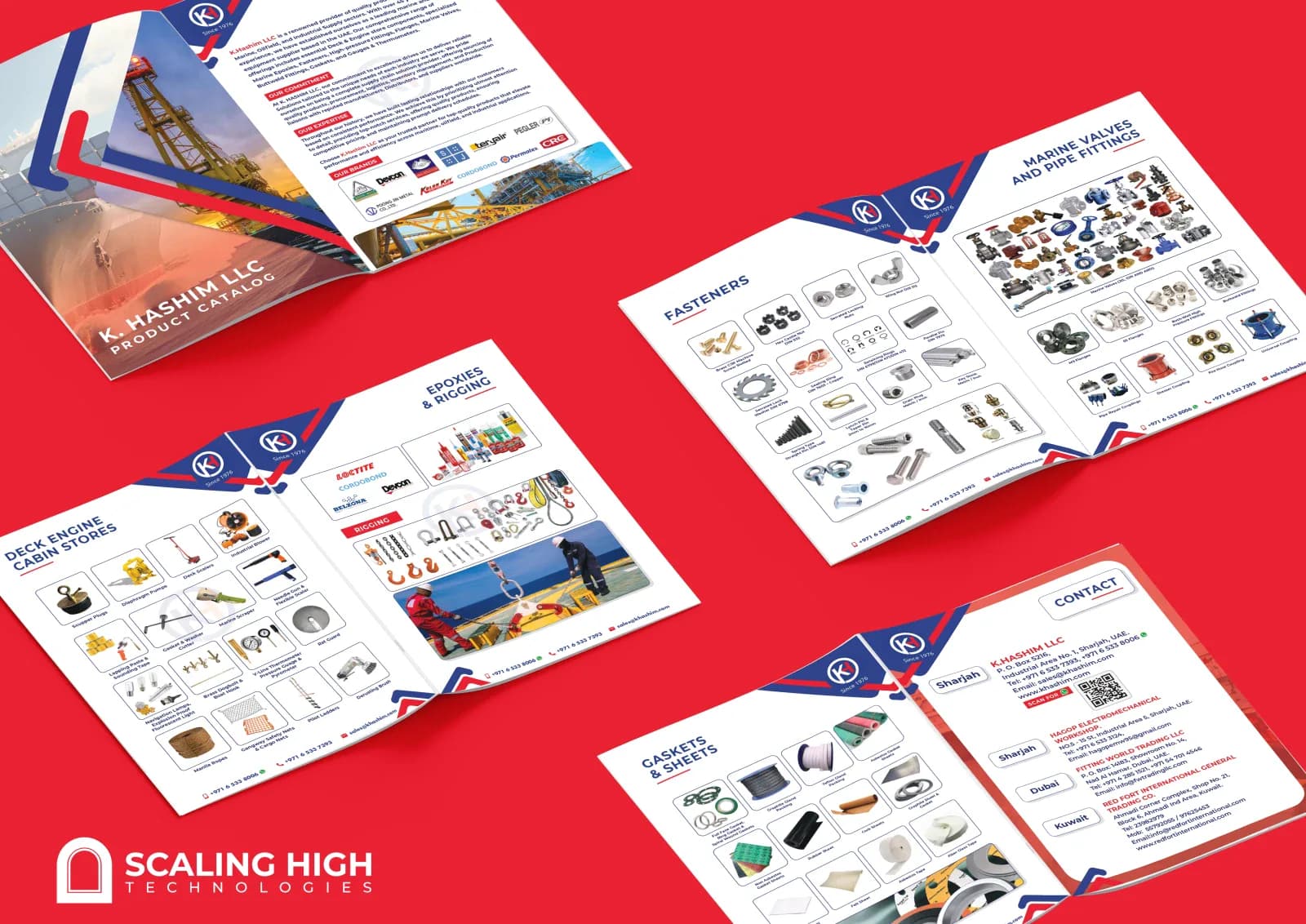 Product catalog cover and "About Us" spread for a marine and shipbuilding hardware supplier, showing a cargo ship and oil rig imagery alongside company commitment and brand-partner logos.