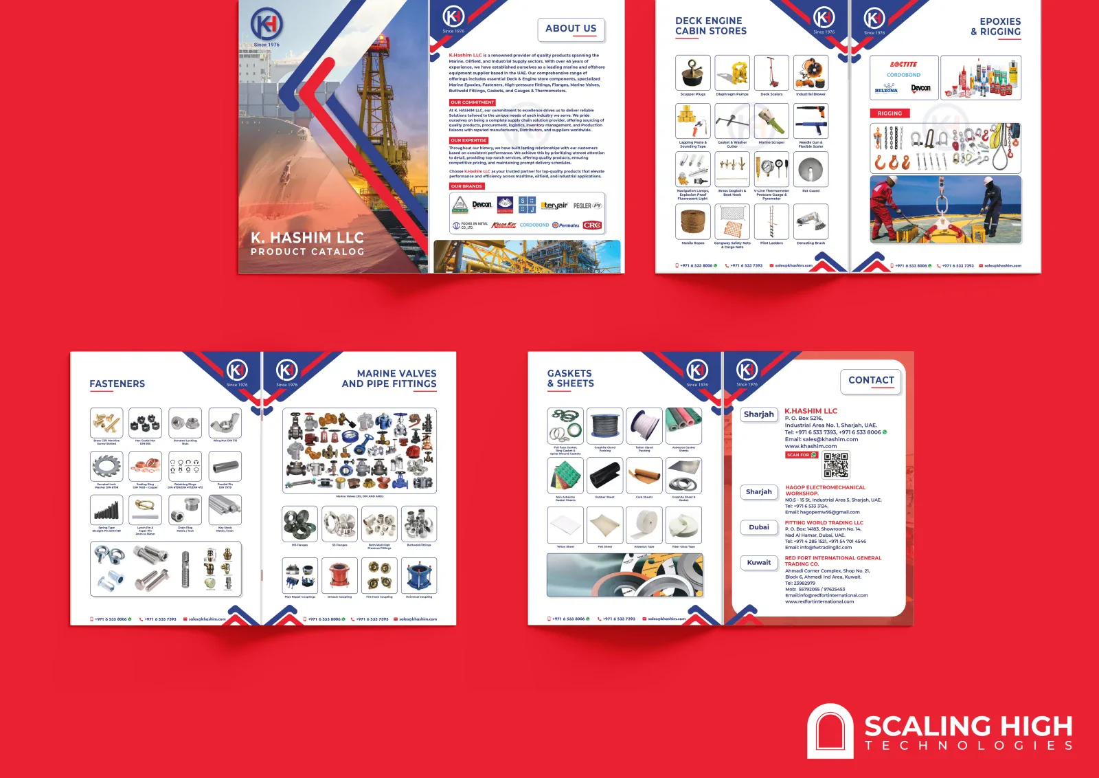 Catalog spread showing marine valves and pipe fittings next to a fasteners page with bolts, nuts and pins, product photography on a white grid layout.