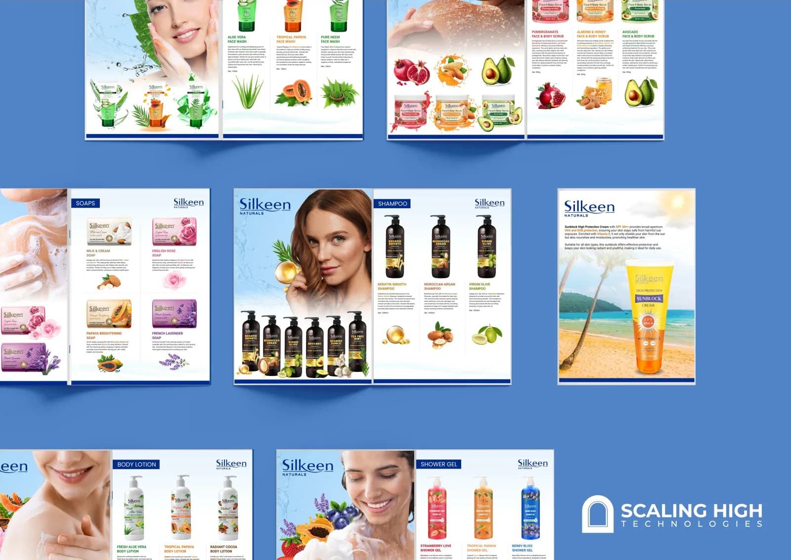 Catalog spread showing face wash and body scrub products alongside a soaps page with natural ingredient imagery.