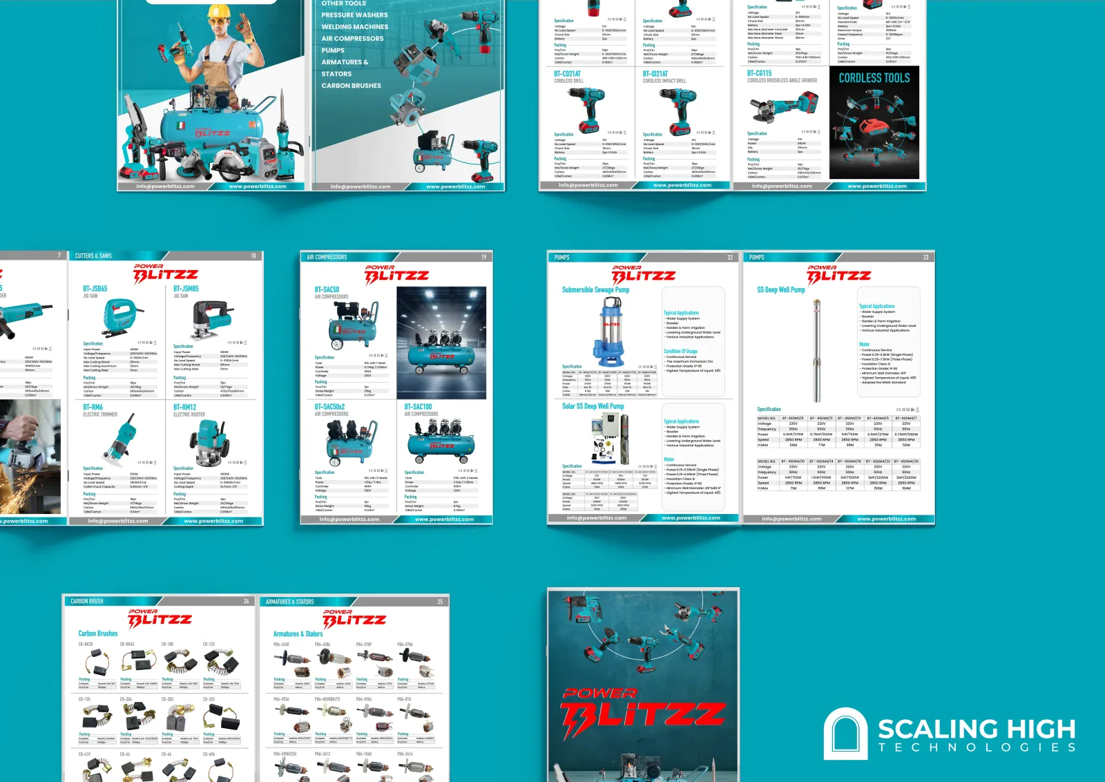 Catalog spread showing cordless drills and impact drills with specification tables, alongside an angle grinders spread.