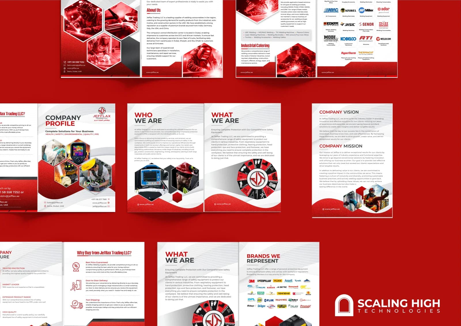Company profile spread with "Who We Are" and "What We Are" copy blocks describing PPE commitment, alongside a company vision and mission page.