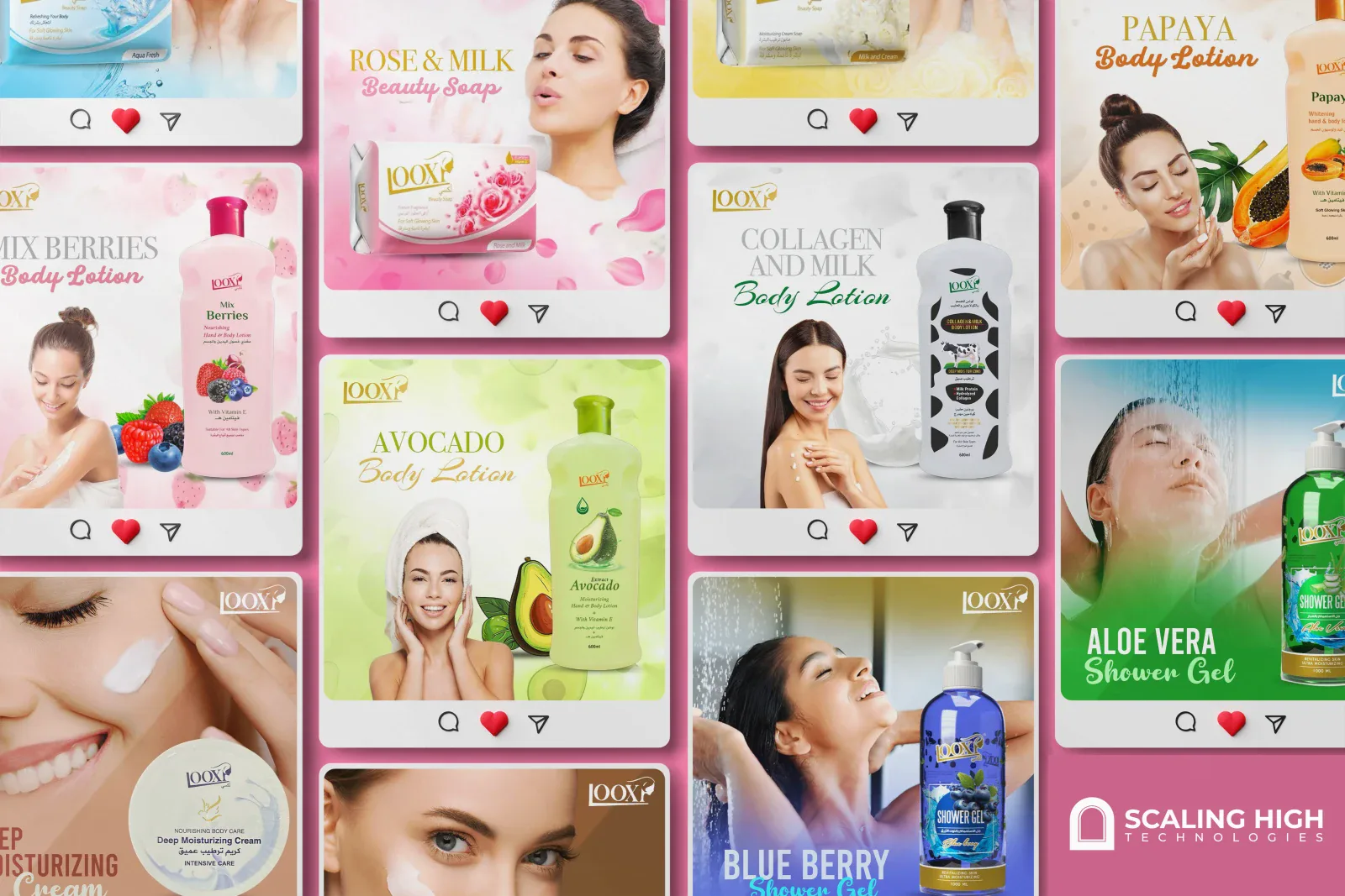 Instagram post grid for a beauty and personal care brand showing posts for mix berries body lotion, rose and milk beauty soap, collagen and milk body lotion, papaya body lotion, avocado body lotion, deep moisturizing cream, aloe vera shower gel, and blueberry shower gel, each paired with a model portrait