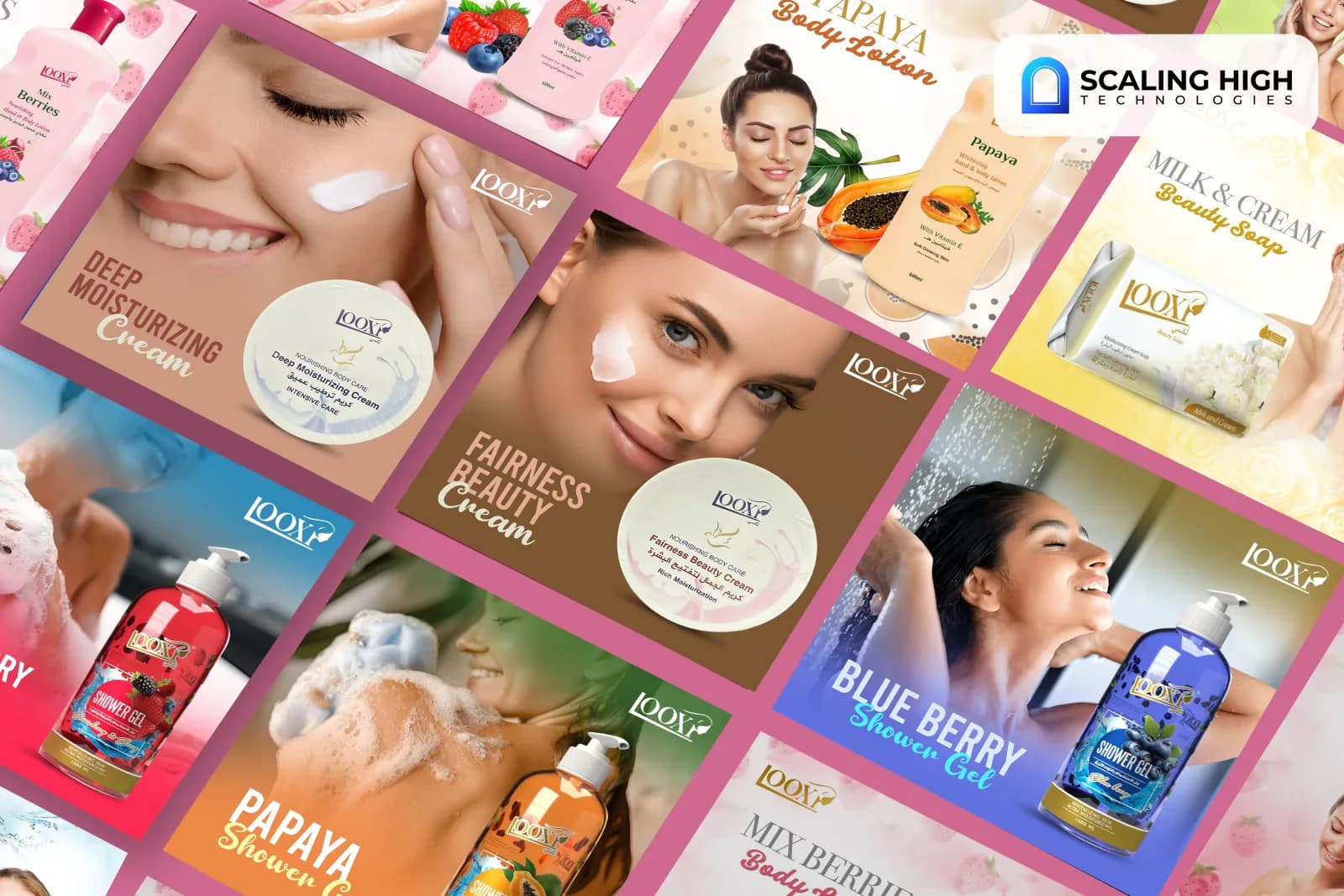Angled overhead view of a beauty and personal care brand's social post catalogue showing deep moisturizing cream, papaya body lotion, fairness beauty cream, milk and cream soap, papaya shower gel, and blueberry shower gel posts, each featuring close-up model skincare photography