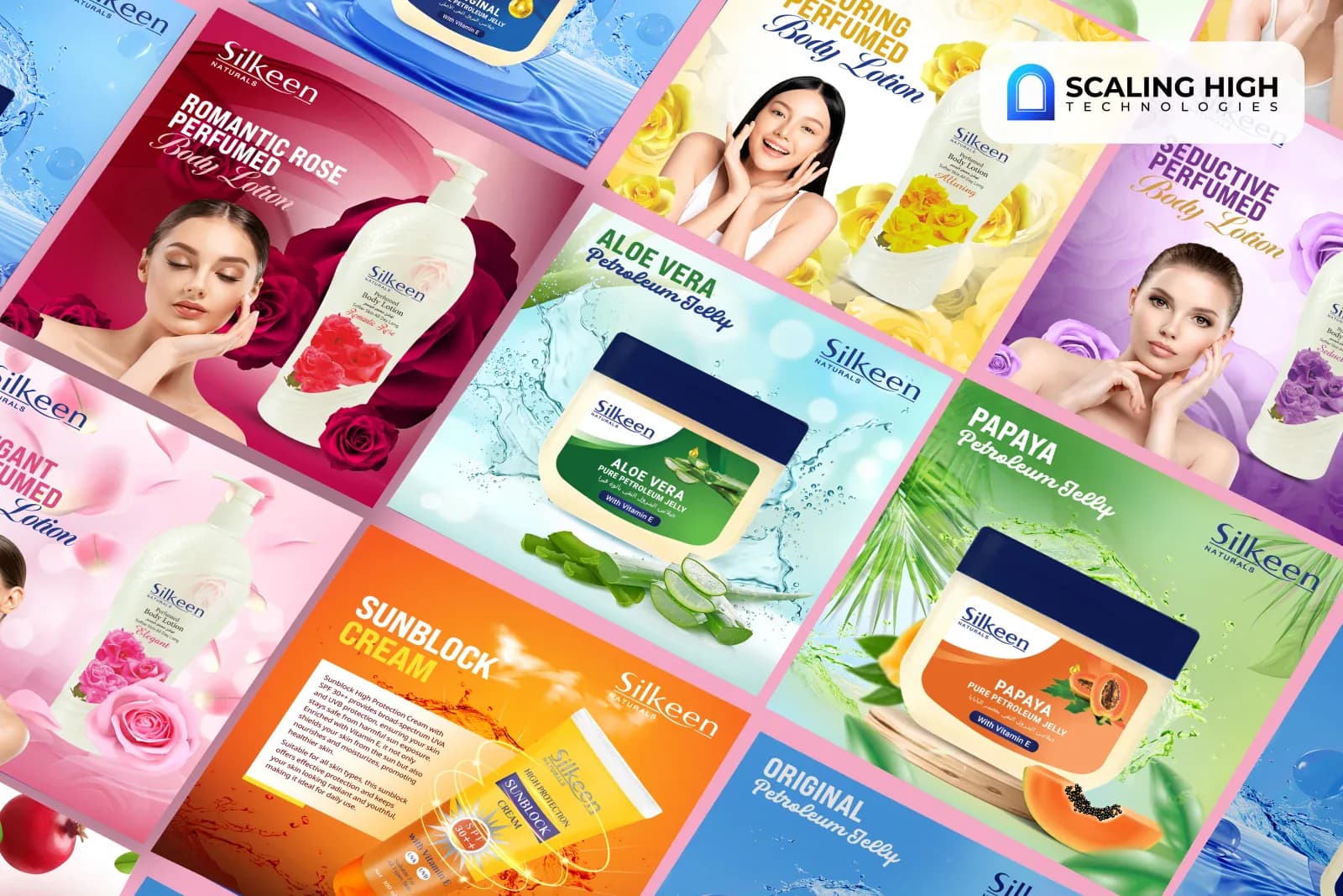 Angled overhead view of a skincare brand's social post catalogue showing romantic rose perfumed body lotion, an alluring perfumed body lotion, aloe vera petroleum jelly, papaya petroleum jelly, cocoa butter petroleum jelly, and original petroleum jelly posts arranged diagonally with model portraits and ingredient imagery