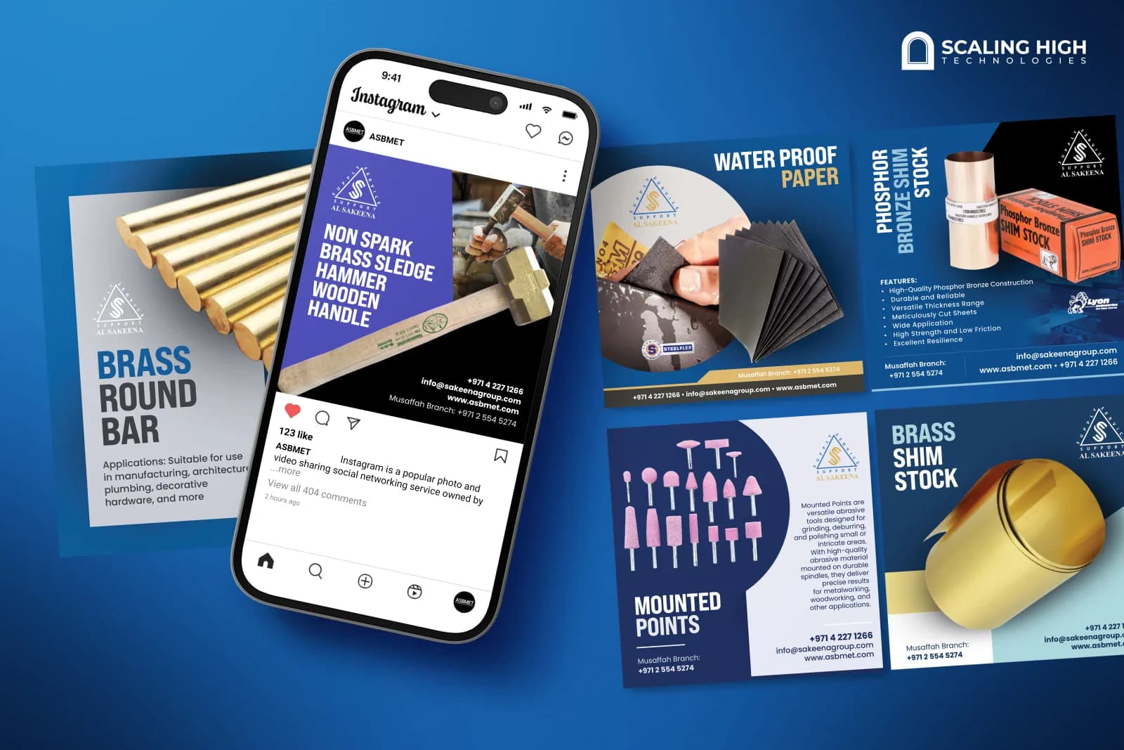 Phone mockup and desktop post layout for an engineering supplies brand featuring a brass round bar post on an Instagram phone screen alongside waterproof abrasive paper, phosphor bronze shim stock, mounted points, and brass shim stock product posts