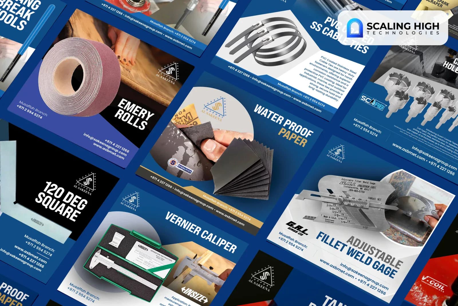 Angled overhead view of an engineering supplies brand's social post catalogue showing emery rolls, a 120 degree square, a vernier caliper, PVC-coated cable ties, waterproof paper, a carbide-tipped hole saw, and an adjustable fillet weld gauge arranged diagonally