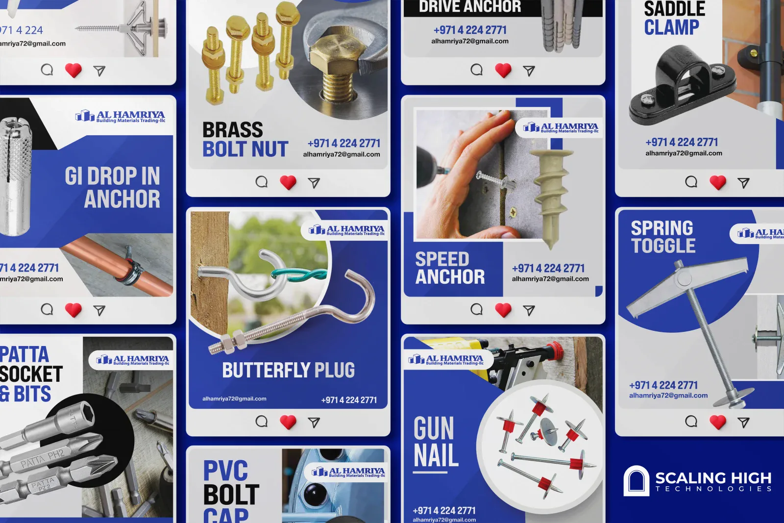 Instagram post grid for a fasteners and fixings supplier showing individual posts for a GI drop-in anchor, brass bolt nut, butterfly plug, PVC bolt cap, drive anchor, speed anchor, saddle clamp, spring toggle, patta socket and bits, and gun nail, on a navy blue branded template