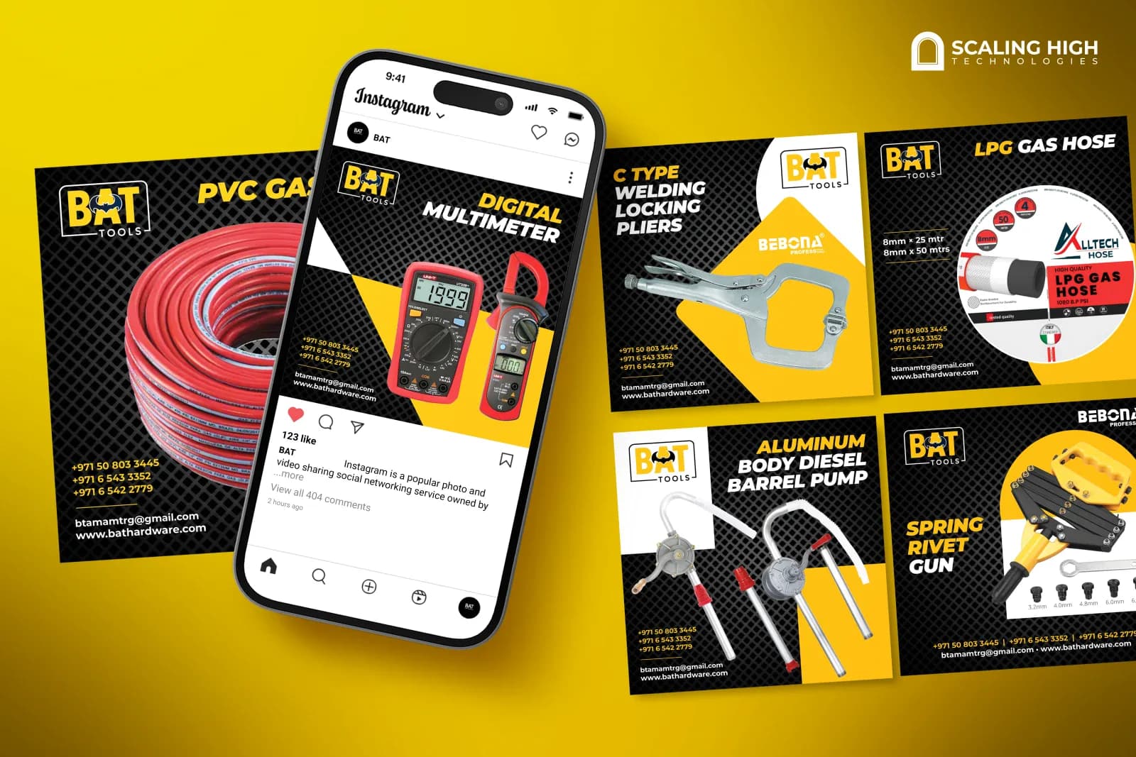 Phone mockup and desktop post grid for a general hardware brand featuring a digital multimeter post on an Instagram phone screen alongside PVC gas hose, welding locking pliers, LPG gas hose, aluminium diesel barrel pump, and spring rivet gun product posts