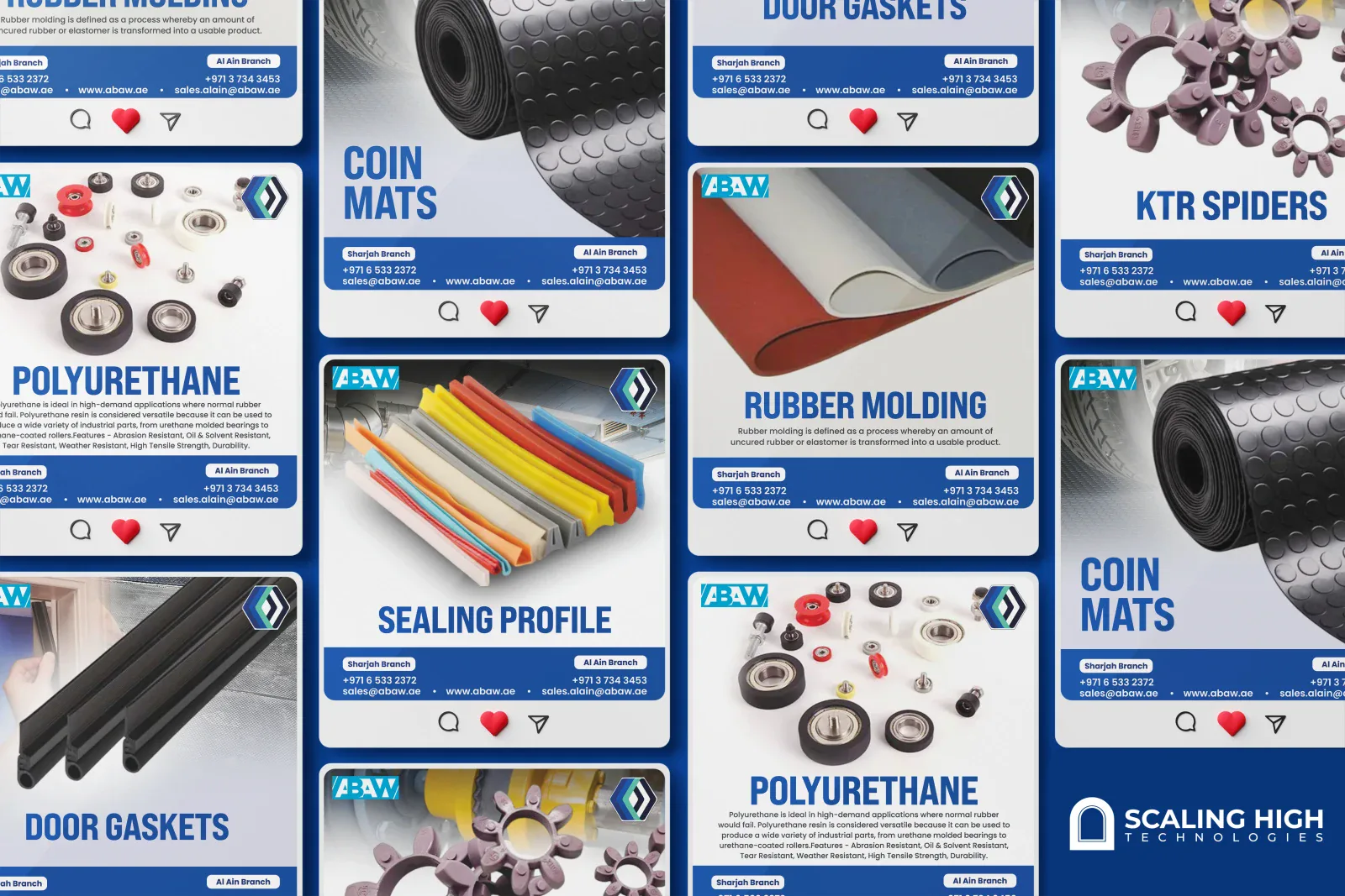 Instagram post grid for an industrial rubber products supplier showing posts for rubber molding, coin mat flooring, polyurethane wheels and bearings, door gaskets, sealing profile strips, and KTR spider couplings, each with a short product description and two branch contact numbers