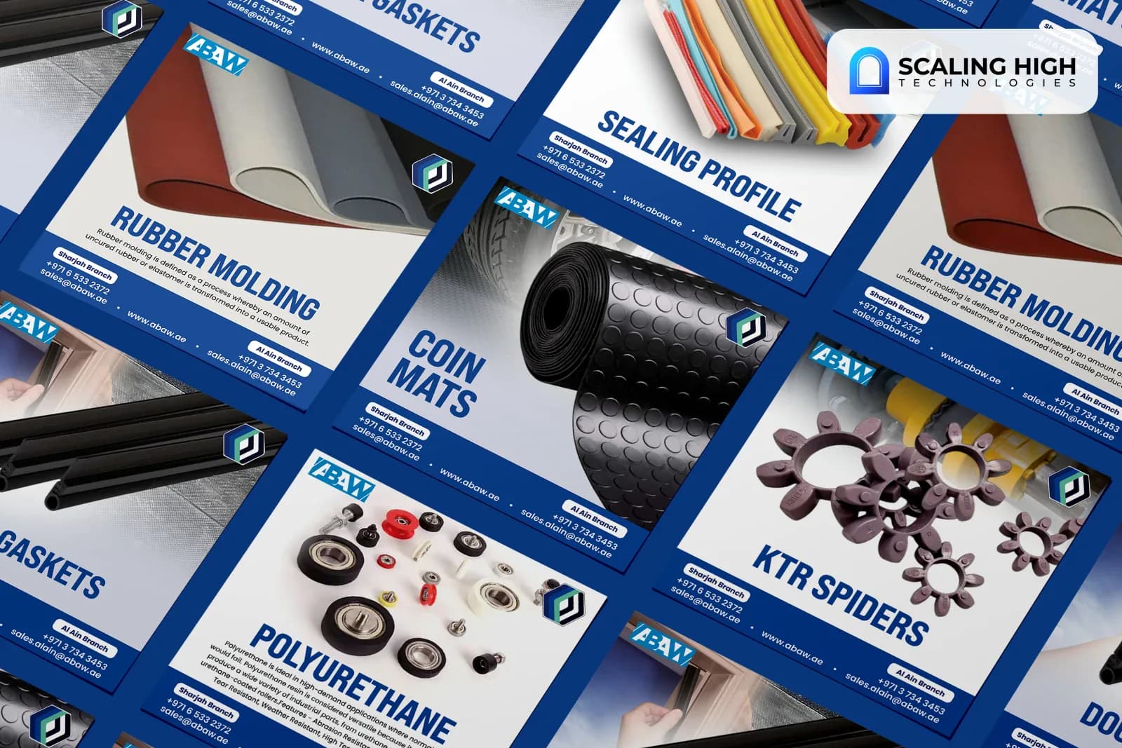 Angled overhead view of an industrial rubber products supplier's social post catalogue showing rubber molding, sealing profile, coin mat, polyurethane bearing, and KTR spider posts layered diagonally against a dark blue background