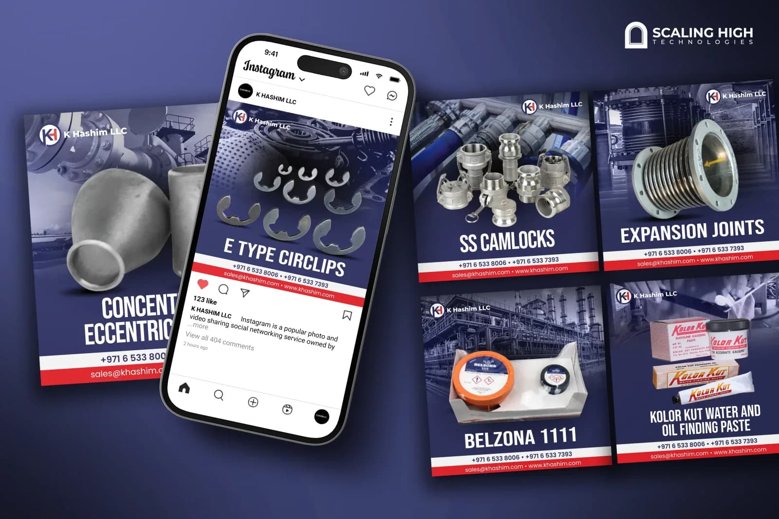 Phone mockup and desktop post layout for a marine and shipbuilding hardware supplier featuring an E-type circlips post on an Instagram phone screen alongside stainless steel camlock couplings, expansion joints, a repair compound tin, and gauging paste product posts