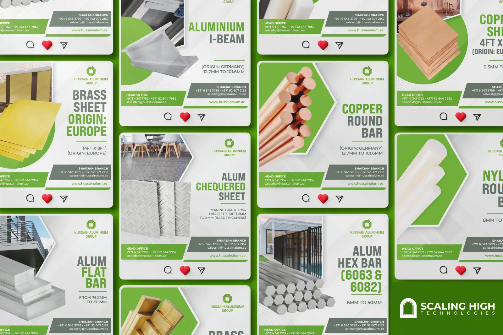 Instagram post grid for a metal stock supplier showing posts for an aluminium I-beam, brass sheet, aluminium chequered sheet, aluminium flat bar, a copper round bar, a copper sheet, and an aluminium hex bar, each listing origin and size range on a green branded template