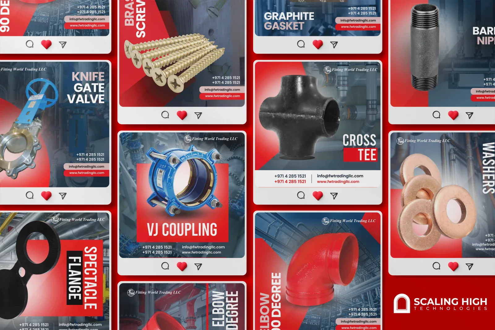 Instagram post grid for a pipe fittings supplier showing individual posts for a 90 degree elbow, brass screws, graphite gasket, a barrel nipple, a knife gate valve, a VJ coupling, a cross tee, a spectacle flange, and copper washers, on a red and black branded template