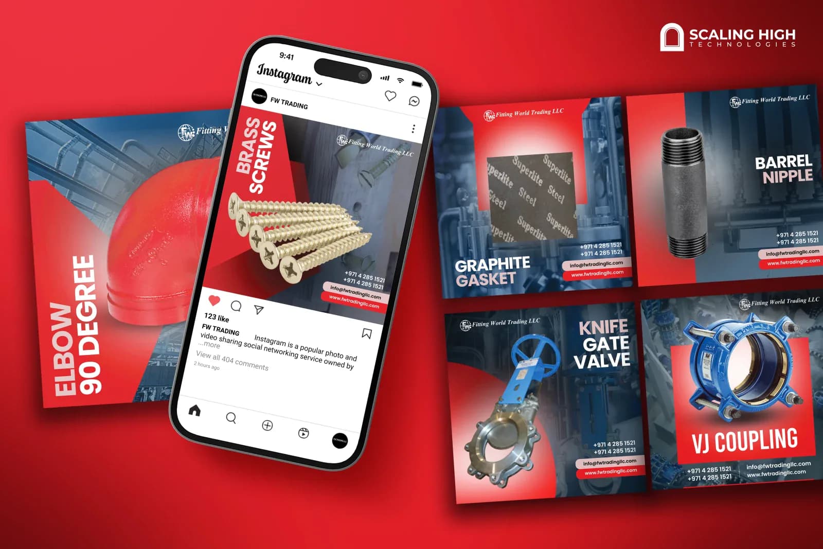 Phone mockup and desktop post layout for a pipe fittings supplier featuring a brass screws post on an Instagram phone screen alongside graphite gasket, barrel nipple, knife gate valve, and VJ coupling product posts on a red background