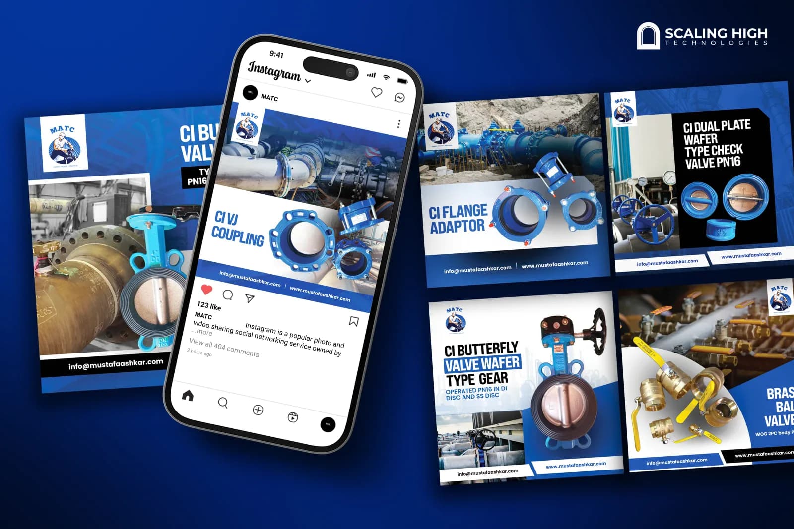 Phone mockup and desktop post layout for an industrial valves and pipe fittings supplier featuring a CI VJ coupling post on an Instagram phone screen alongside CI flange adaptor, CI dual plate wafer check valve, butterfly valve, and brass ball valve product posts with technical pressure ratings listed
