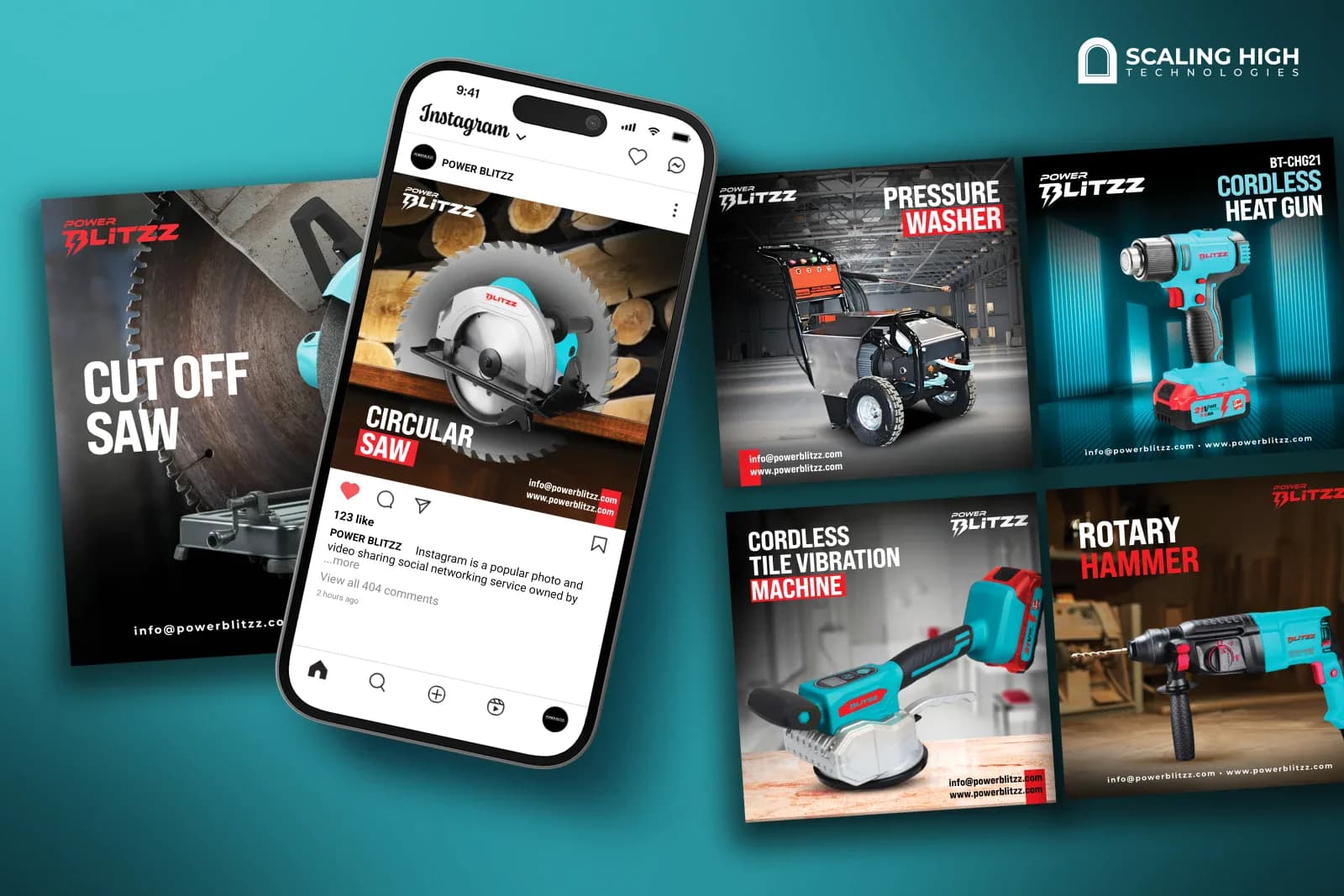 Phone mockup and desktop post layout for a power tools brand featuring a circular saw post on an Instagram phone screen alongside a pressure washer, cordless heat gun, cordless tile vibration machine, and rotary hammer product posts on a teal background