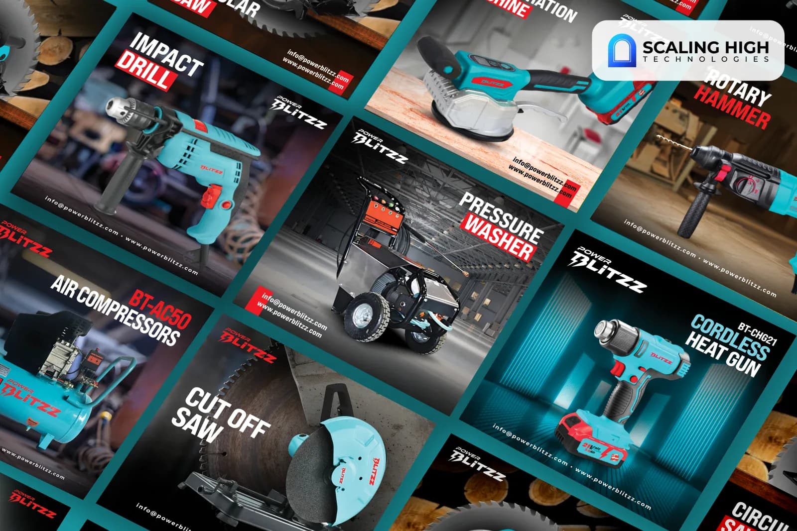 Angled overhead view of a power tools brand's social post catalogue showing an impact drill, a cordless tile vibration machine, a pressure washer, a cut off saw, an air compressor, and a cordless heat gun arranged diagonally on a teal background