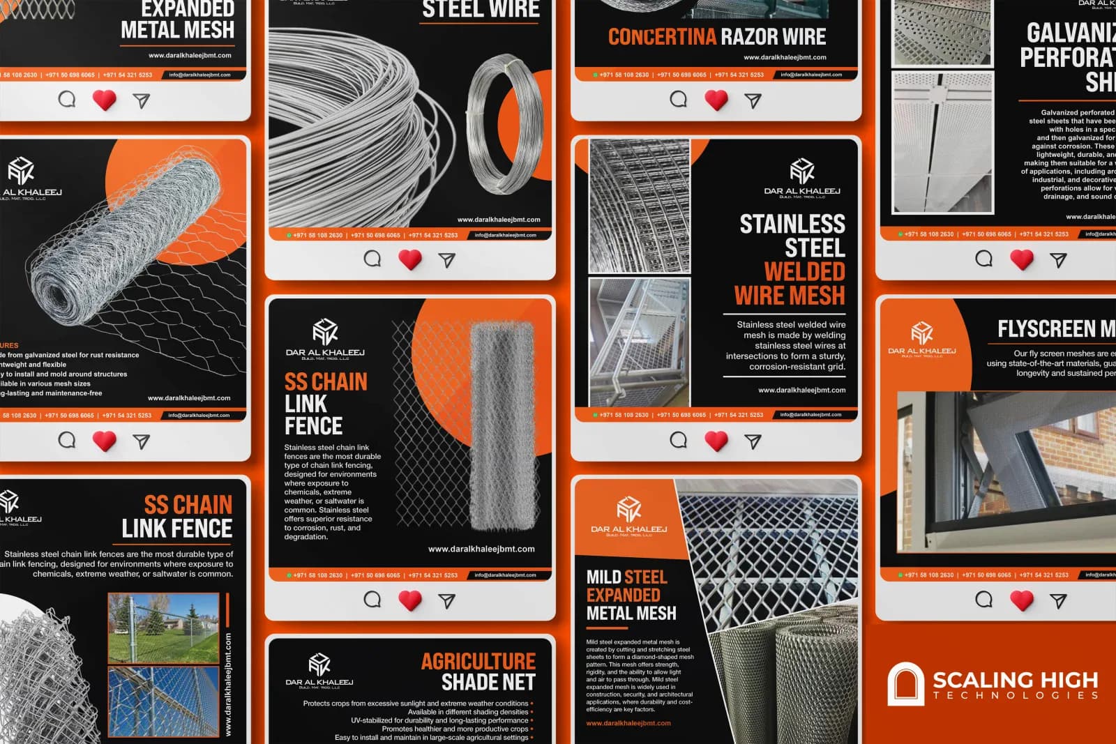 Instagram post grid for a wire mesh and fencing supplier showing posts for expanded metal mesh, steel wire coil, concertina razor wire, galvanized perforated sheet, stainless steel welded wire mesh, flyscreen mesh, and SS chain link fence, on a black and orange branded template