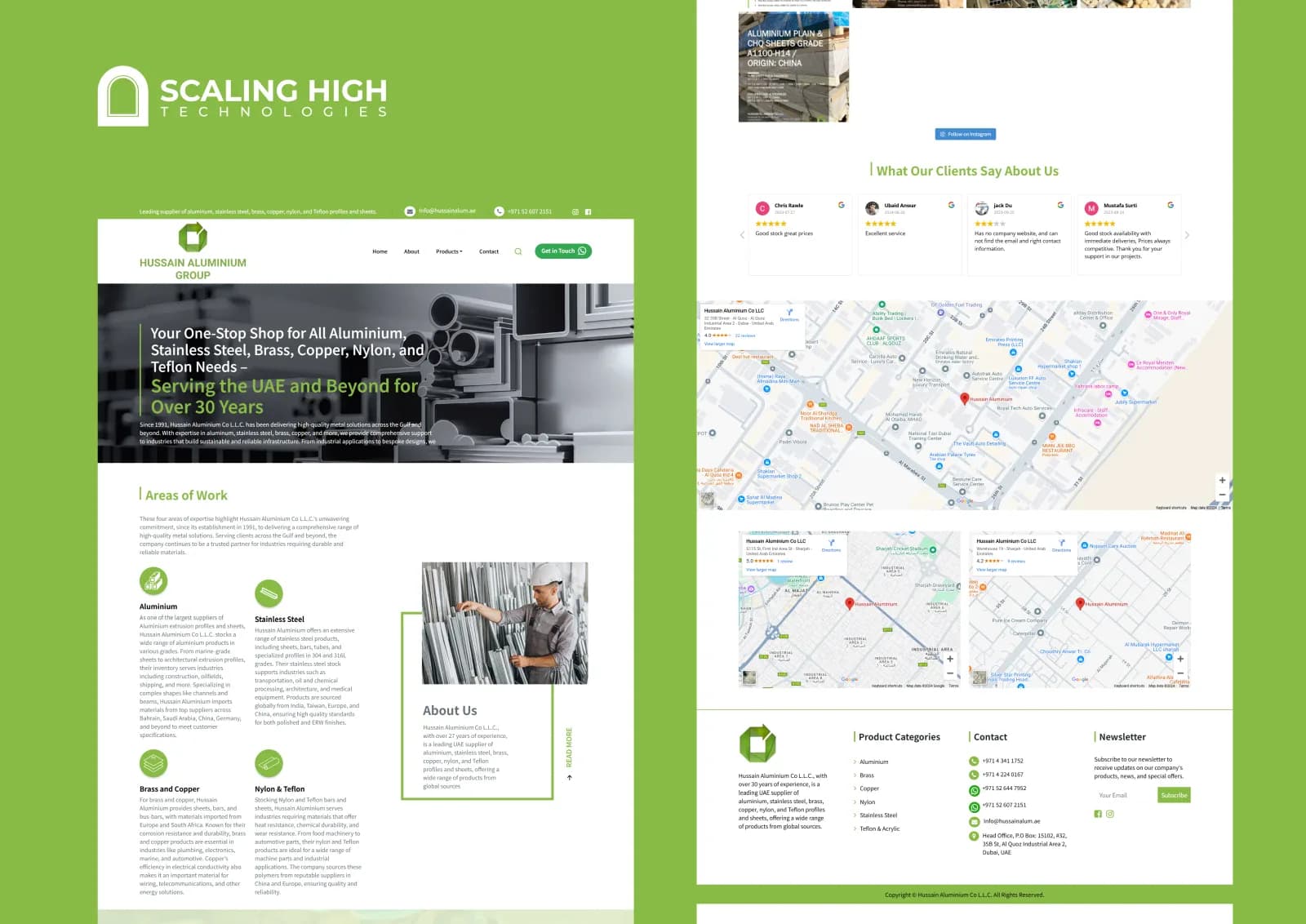 Full homepage of a metals supplier's website alongside testimonials and multiple branch location maps