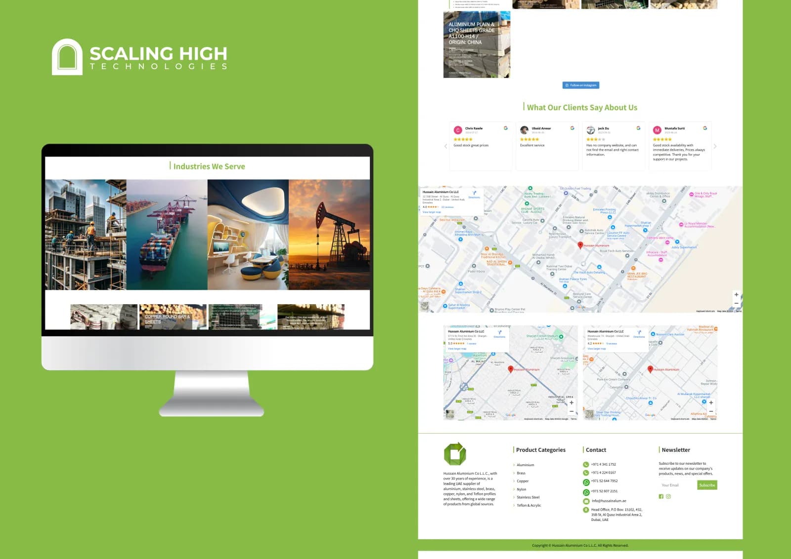 Industries served banner, customer testimonials, and multiple embedded location maps for a metals supplier's website