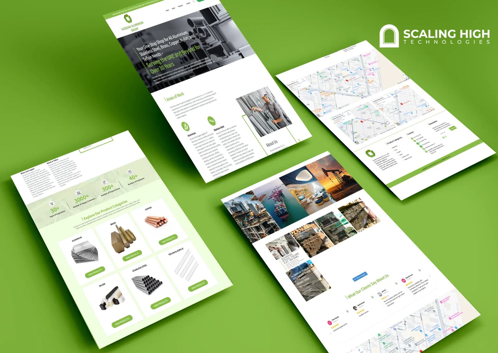 Product category tiles, testimonials, and location maps composite for an aluminium and metals supplier