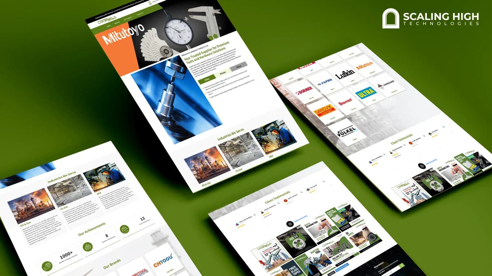 Homepage, industries served, brands, and client testimonials composite for a hand tools and measuring instruments dealer