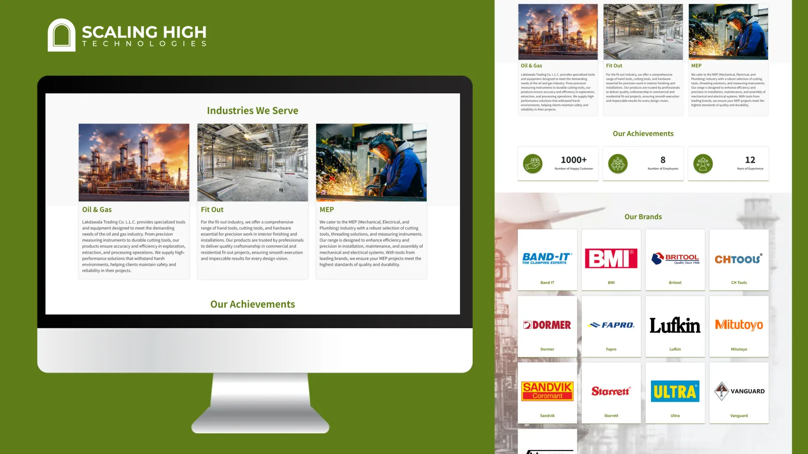 Industries served section (Oil and Gas, Fit Out, MEP) and a full brands grid on a hand tools dealer's website