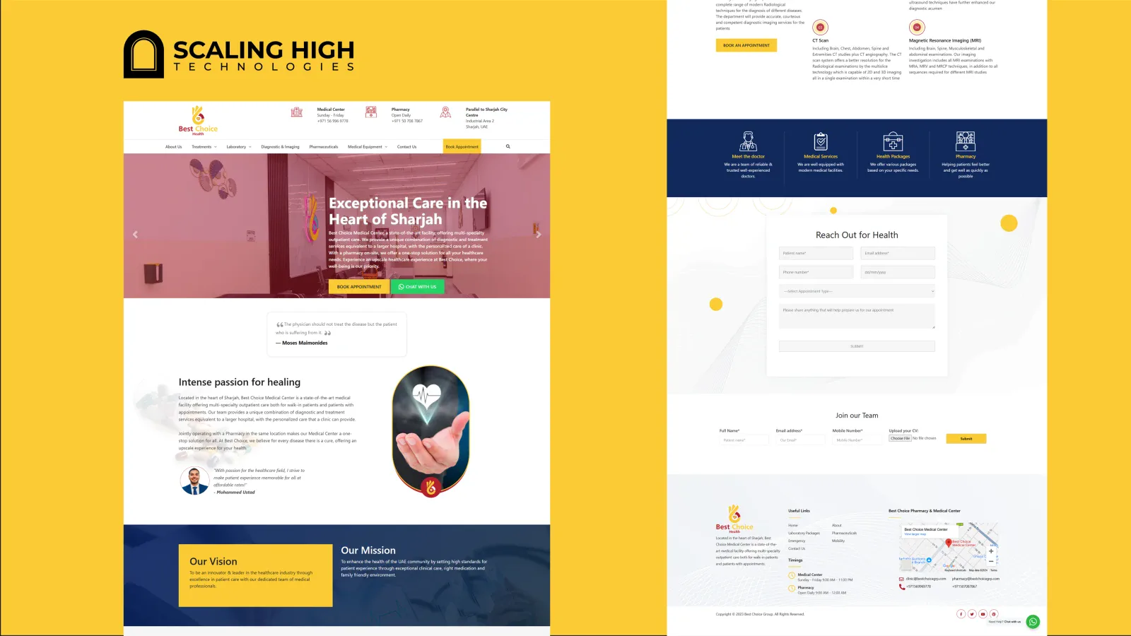 Diagnostic and imaging services detail section and an online appointment request form for a healthcare clinic website