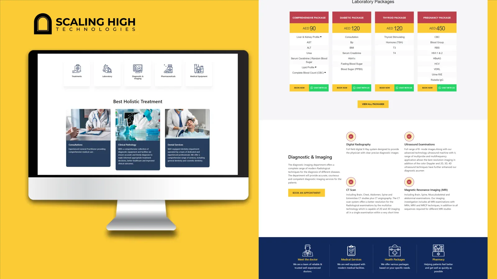 Service category icons and laboratory test package pricing table on a medical clinic website