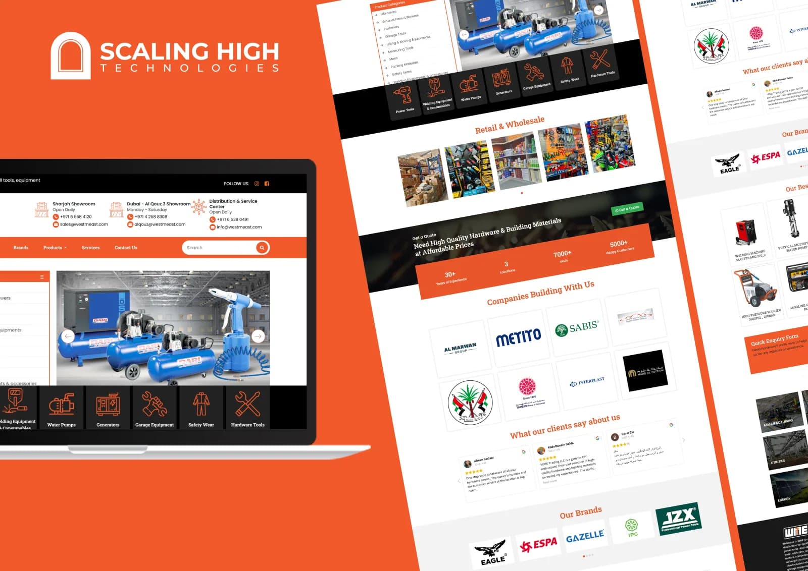 Homepage showing multiple showroom locations and contact details, alongside a brands grid and customer testimonials for an industrial tools distributor