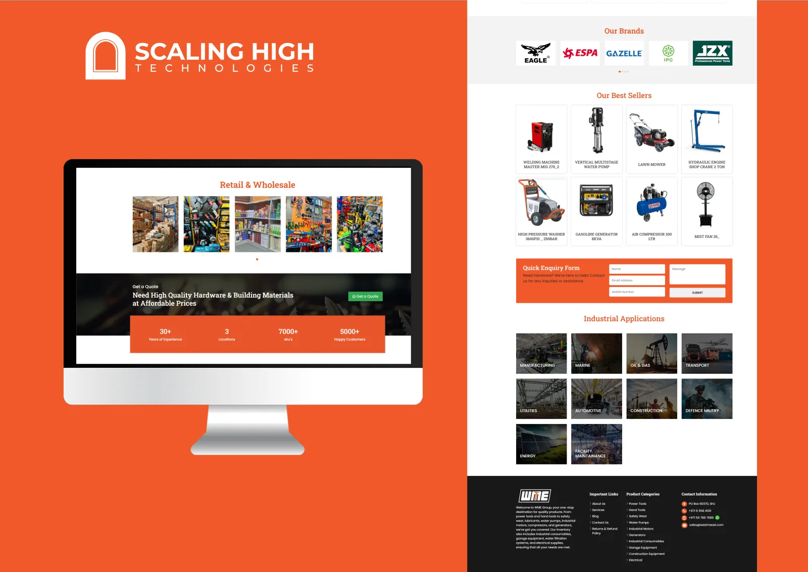 Homepage, brand logos, best sellers product grid, and industrial applications composite for a tools and hardware distributor