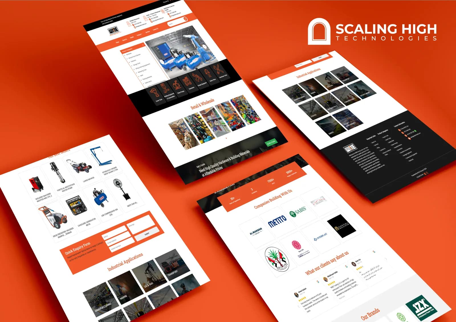 Homepage, industrial applications by sector, and brand logo grid for a multi-branch hardware and equipment distributor