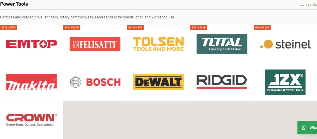 Brand logo grid on the WME website showing the power tool brands it supplies