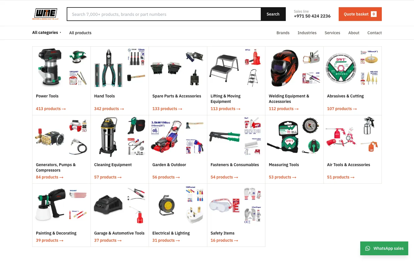 Sixteen product category tiles on the WME homepage, each showing three real products and a live product count