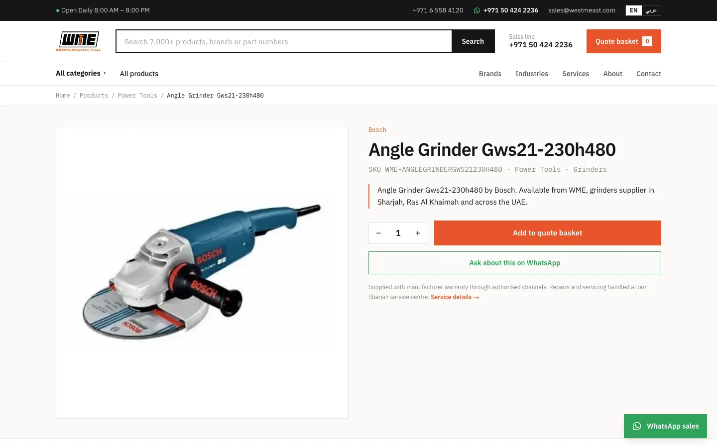 An angle grinder product page on the WME website with add to quote basket and WhatsApp enquiry buttons